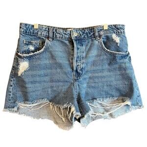 H&M Womens Shorts Blue Denim Distressed Raw Hem Button Fly High Rise 14